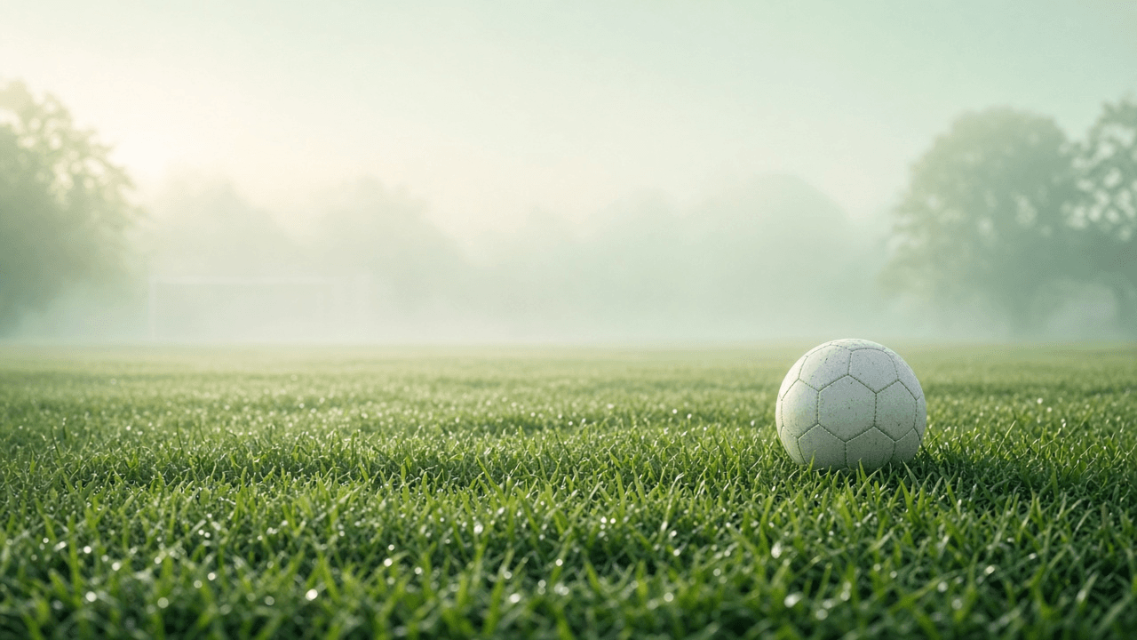 Soft morning pitch haze with dew-kissed grass and a quiet soccer ball — youth soccer decision-training atmosphere